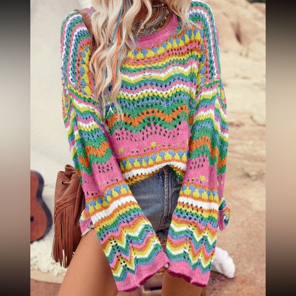 Boho Crocket Bell Sleeve Chevron Color Block Stripe Knit Sweater Top Blouse - Picture 5 of 8